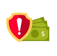 A red shield with an exclamation mark next to a stack of green money.