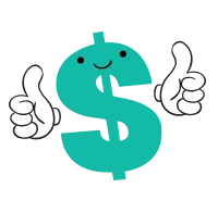 A happy dollar sign character giving a thumbs-up.