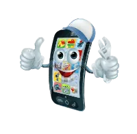 A cartoon smartphone character with a friendly face, wearing a cap and giving a thumbs-up.